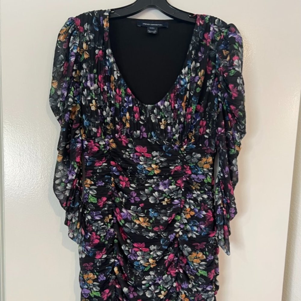 French Connection Floral Rouged Dress with Sheer Sleeves - Size 12